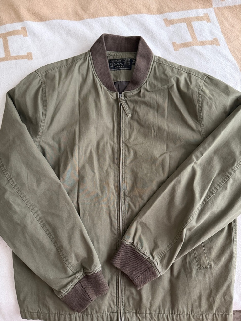 J. Crew Men's Olive Bomber Jacket with Brown Ribbed Trim